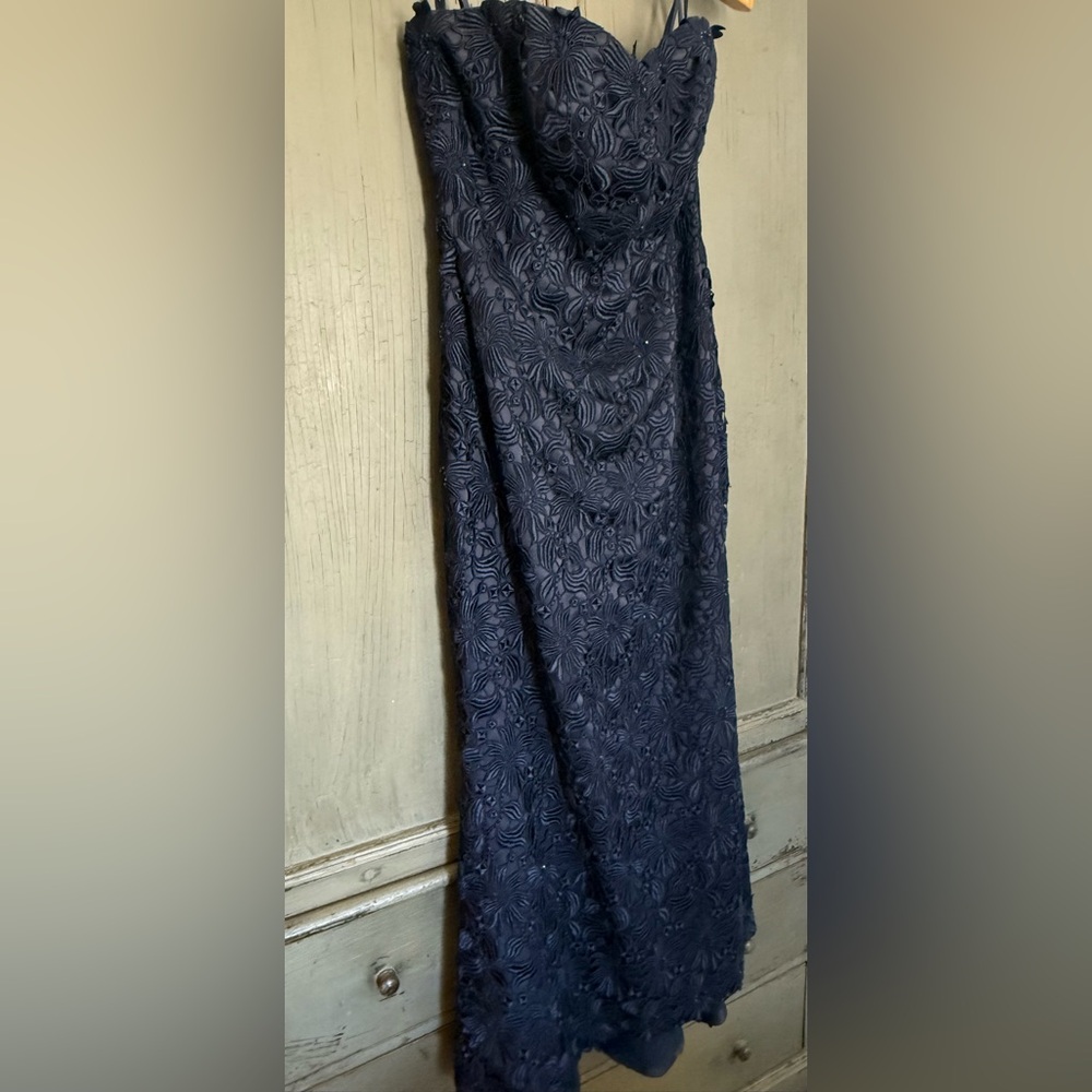 Helen Morley Blue  Chantilly Crystal Lace Strapless Mermaid Gown Shrug Navy 10